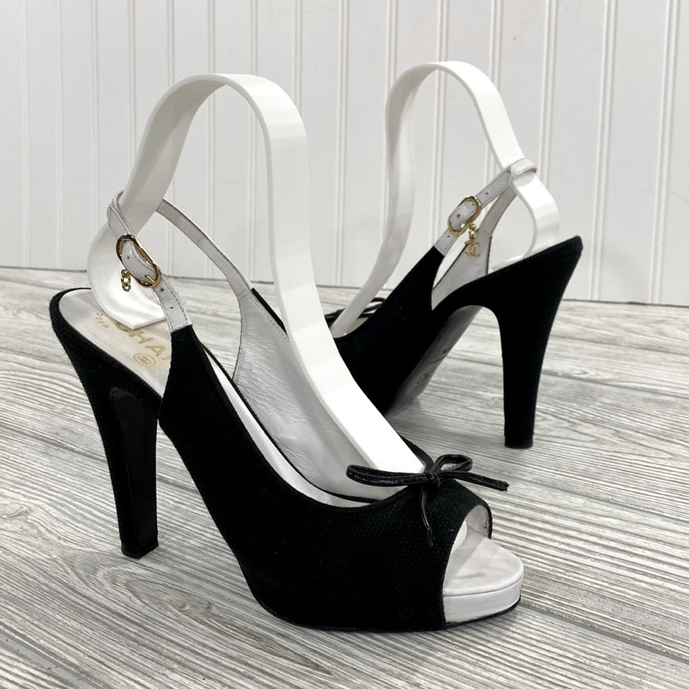 Chanel Black Canvas Peep Toe Slingback Heels - sz 37.5